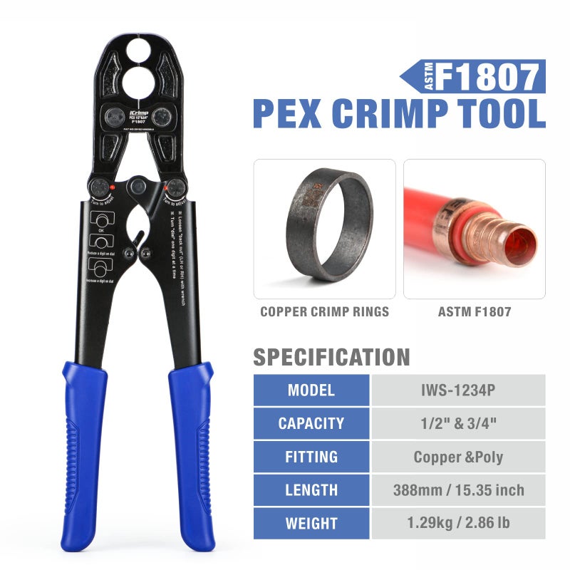 IWISS iCrimp Pex Crimping Tool, 1/2-inch & 3/4-inch Copper Ring Heavy Duty Dual Size, c/w Go/No-Go Gauge Meets ASTM F1807 - Image 2